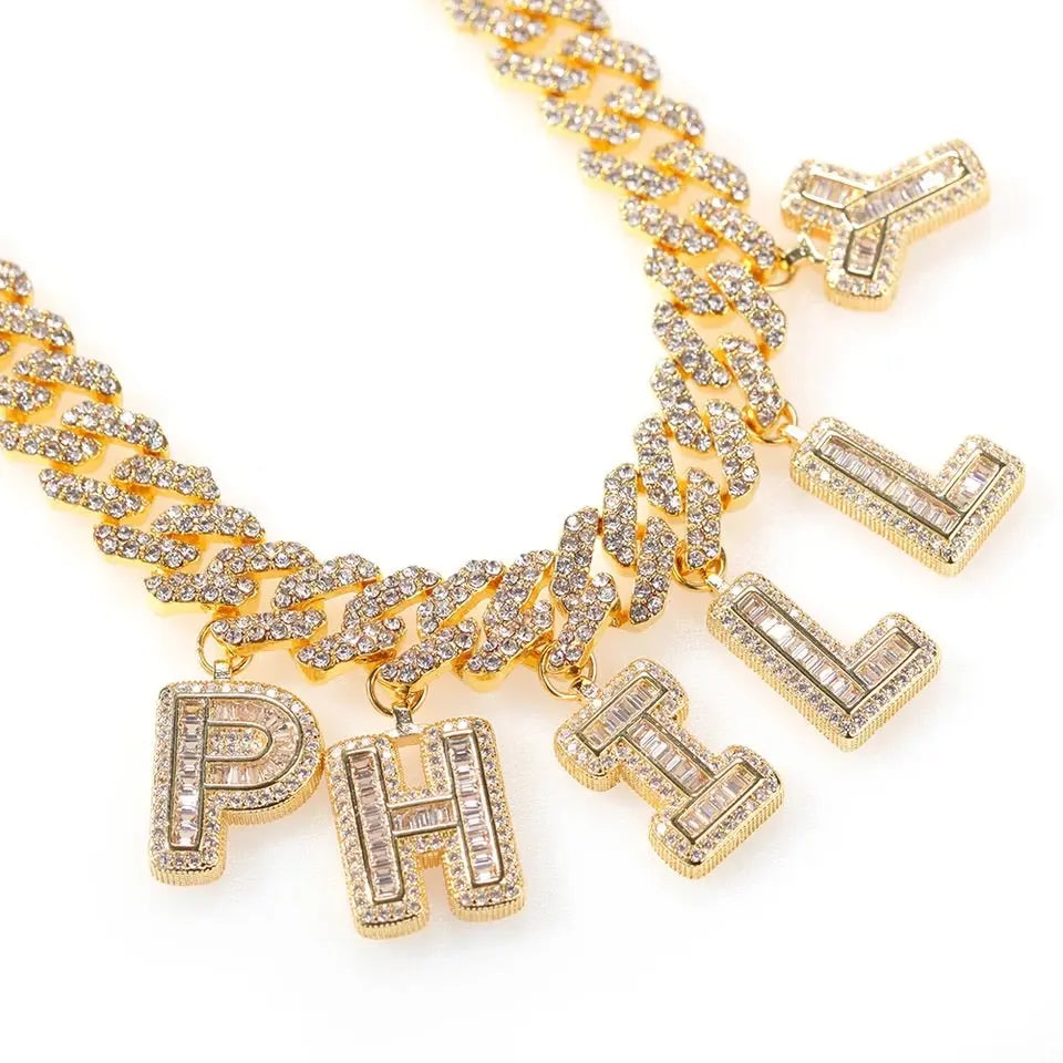 Custom baguette Cuban link name necklace - BizaarFashionCrush