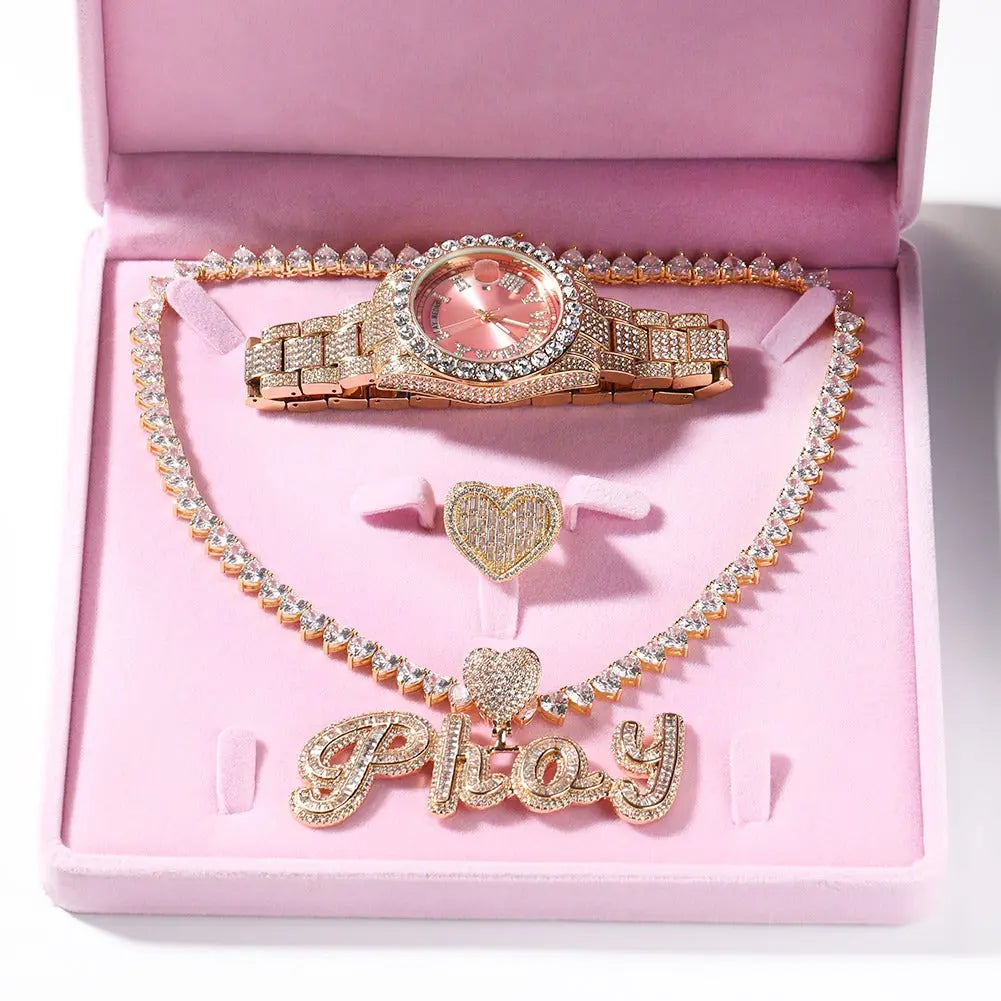 Icy baguette heart necklace set with heart ring and watch - BizaarFashionCrush